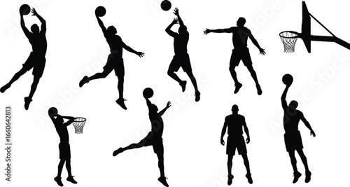 Basketball player silhouette vector illustration, slam dunk poses, action sports clipart, competitive game moment, athletic male basketball motion design