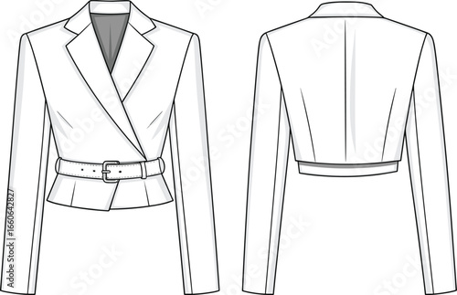 Belted blazer flat sketch, women’s jacket fashion template, front and back view, long sleeve, tailored design, technical garment drawing