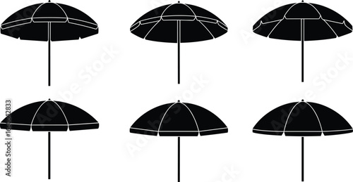 Beach umbrella silhouette vector set, black parasol icons for summer, vacation, outdoor shade, holiday design, graphic illustration elements