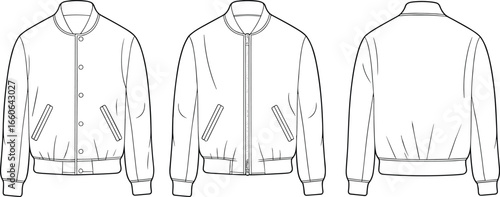 Bomber jacket vector template front and back views with zipper and snap button closure, fashion flat sketch unisex outerwear