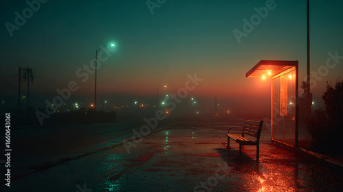 Empty bus stop with glowing light at foggy dawn