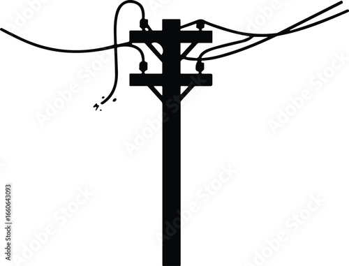 Broken electric utility pole with damaged sparking wire, power outage vector, electrical hazard, danger energy cable, emergency utility design
