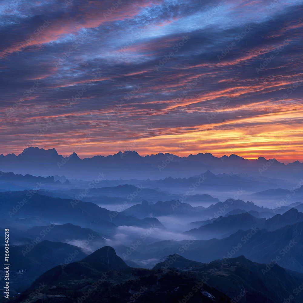 Fototapeta premium Sunrise over misty mountain ranges