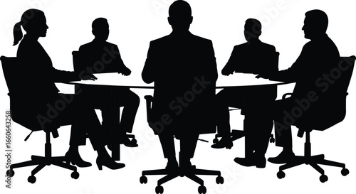 Business meeting vector illustration, corporate team at table, group discussion, office collaboration, professional silhouettes, teamwork concept, communication scene