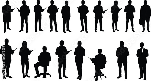 Business people reading, office staff silhouettes, professionals with documents, standing and sitting poses, formal wear, vector illustration, corporate teamwork