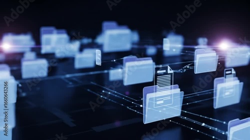 Abstract digital data folders and files floating and connecting in a dark blue cyberspace background, representing cloud computing and information flow.