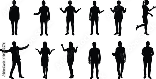 Business people silhouette expressing confusion, communication pose, arms up, body gesture, office character, human figure set, vector illustration