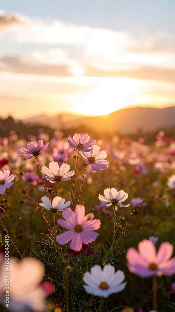 Obraz premium Sunset illuminates a field of cosmos flowers