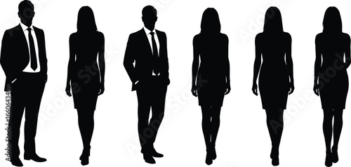 Business people silhouette vector, men and women in formal attire, standing group, professional team illustration for corporate design