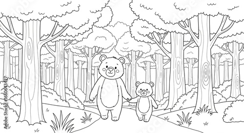 A coloring page of two bears holding hands walking through a forest with many trees and shrubbery