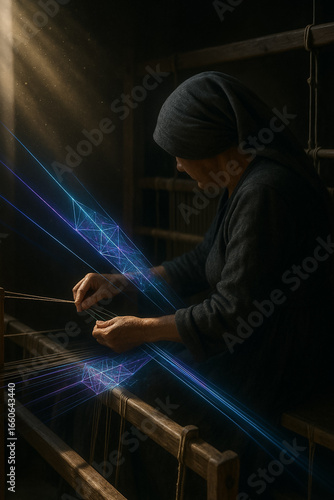 mystische Gestalt webt digitale Fäden im Dunkeln