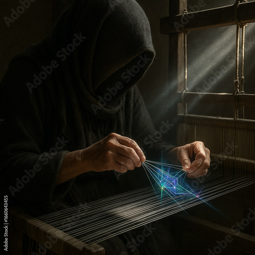 mystische Gestalt webt digitale Fäden im Dunkeln