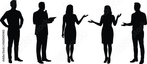 Business people silhouettes talking, office discussion scene, communication vector illustration, corporate teamwork, standing group interaction, professional posture isolated