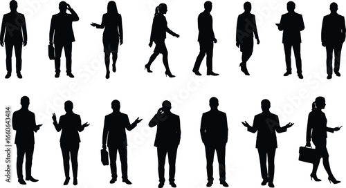 Business people silhouettes, office workers standing, talking, walking, male and female professionals, corporate team, business pose vector illustration