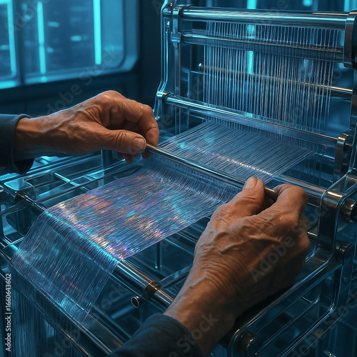 Hände an modernem, futuristischen Webstuhl mit Glanzfäden