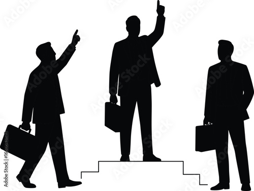 Businessman silhouette vector illustration, leadership success teamwork concept, career growth icons, professional standing on podium holding briefcase pointing upward