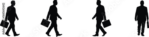 Businessman walking with briefcase silhouette, corporate employee illustration, professional office worker isolated vector, black business figure pose