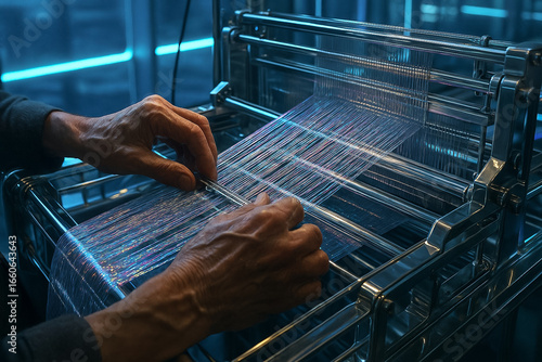 Hände an modernem, futuristischen Webstuhl mit Glanzfäden