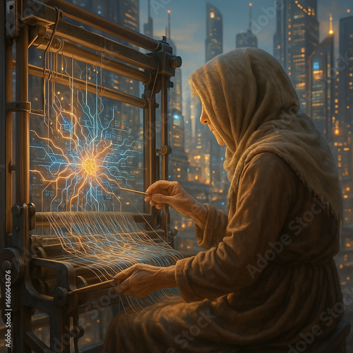 ältere Frau am Hightech-Webstuhl mit Hologrammen