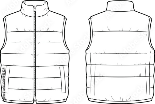 CAD drawing flat vector illustration of sleeveless padded puffer vest front and back view, winter outerwear fashion technical sketch
