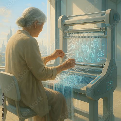 ältere Frau am Webstuhl mit Energie-Licht in futuristischer Stadt)