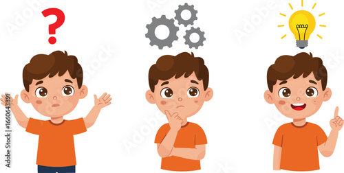 Cartoon boy character thinking, confused and idea, educational concept, problem solving, brain process, idea lightbulb vector illustration, learning