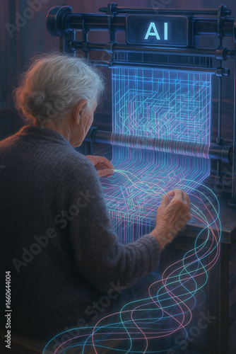 ältere Frau am Hightech-Webstuhl mit Hologrammen