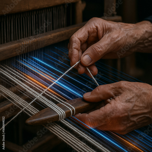 alte Hände verweben bunte, leuchtende Fäden am traditionellen Webstuhl