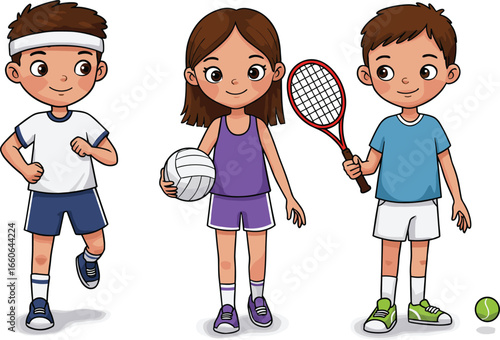 Cartoon kids playing sports, tennis and volleyball, active children in sportswear, fun physical activity vector illustration for fitness and education