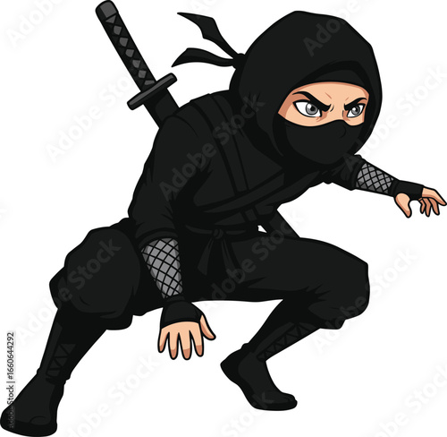Cartoon ninja in black suit crouching with sword on back, stealth warrior character in attack pose, anime style vector illustration
