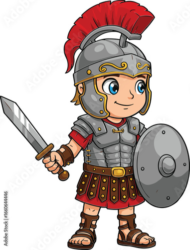 Cartoon Roman soldier boy in armor with sword and shield, cute gladiator character in historical costume, ancient warrior vector illustration