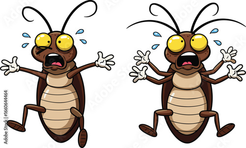Cartoon scared cockroaches with bulging eyes and panicked expressions, funny bug mascot illustrations