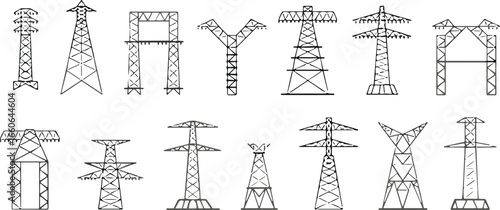 Collection of hand-drawn electric power transmission towers and pylons, ideal for engineering visuals, infrastructure icons, or technical illustrations