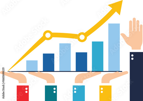 Vector art of business growth and success represented by a rising graph supported by a team