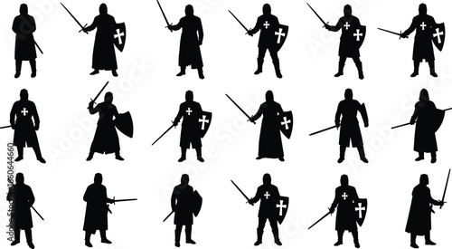 Collection of medieval knight silhouettes with swords and shields, battle-ready crusader poses, vector illustration for fantasy, war, and game design