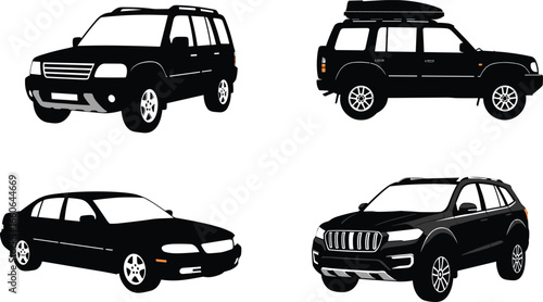 Collection of SUV and sedan car vector illustrations, black silhouette and detailed designs, modern and classic vehicles