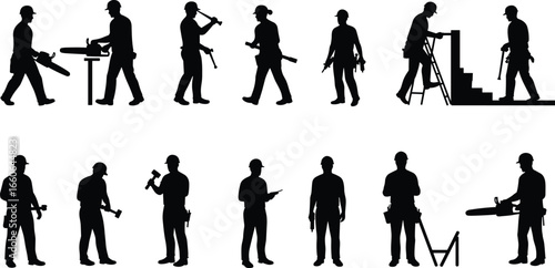 Construction workers using tools, building and repairing, industrial labor silhouettes, hard hats, chainsaws, carpentry work, vector illustration, editable art