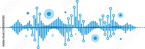 Digital sound wave equalizer, blue audio frequency spectrum vector, modern electronic music signal visualization for podcast and radio branding