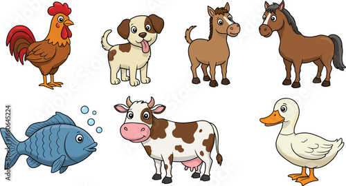 Cute cartoon farm animals collection, dog cow horse duck rooster fish, vector illustration, kids book style, animal clipart set