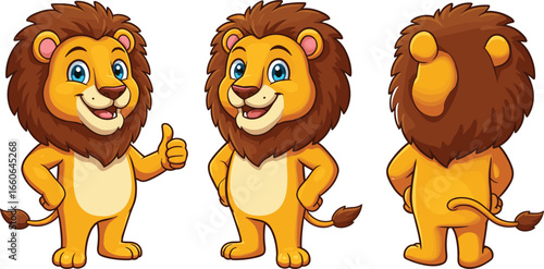 Cute cartoon lion mascot in multiple poses – front, side, and back views for branding, animation, or character design