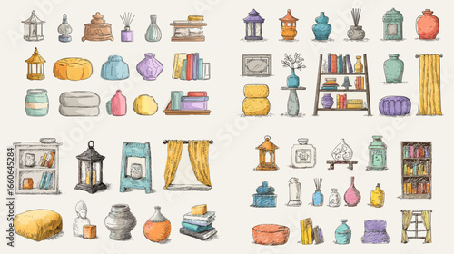 Cozy home decor collection with hand-drawn lamps, curtains, pillows, shelves, and books. Pastel interior design illustration ideal for living room decoration, comfort, or lifestyle projects.