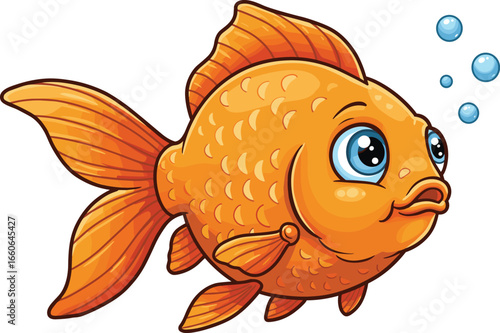 Cute orange goldfish cartoon with big eyes and bubbles, vector illustration for aquatic, fish tank, sea life design, kids art