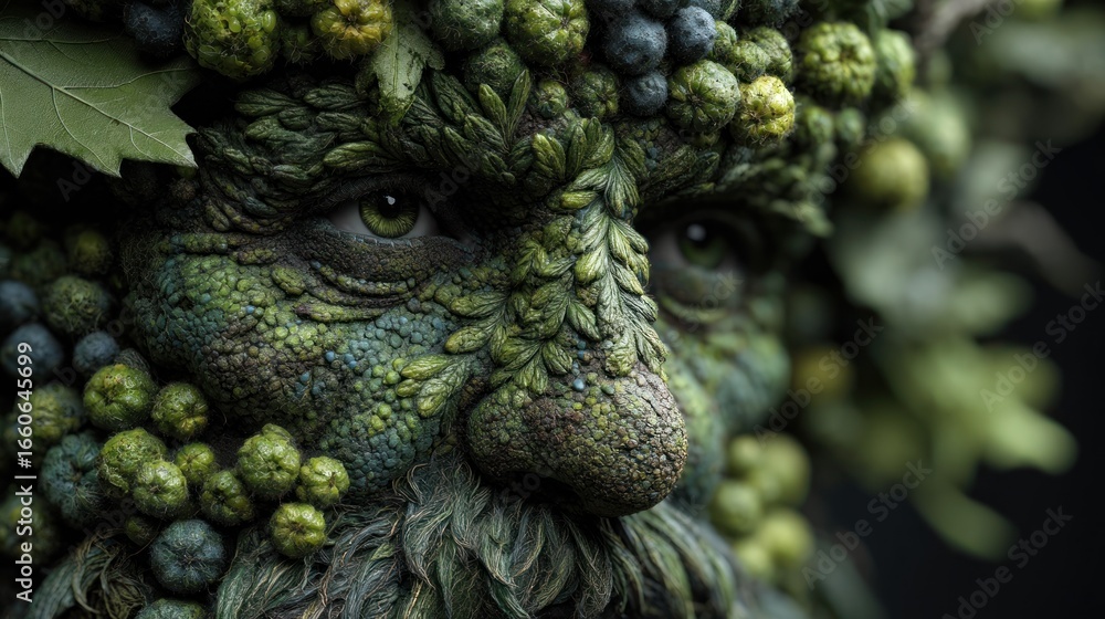 Enigmatic Green Man: A Detailed Close-Up of a Mythical Figure Adorned with Lush Foliage and Berries Enigmatic Green Man: A Detailed Close-Up of a Mythical Figure Adorned with Lush Foliage and Berries