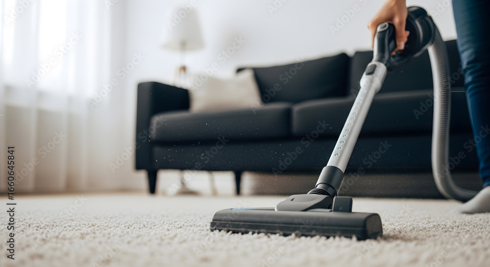 Fototapeta premium Vacuuming Cleaning the Carpet, Maintaining a Tidy Home and Healthy Living Environment