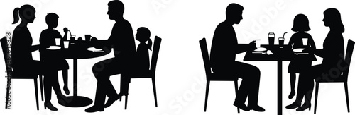 Family dinner silhouette, parents with children at table, eating together, family mealtime vector illustration, bonding moment, black and white design