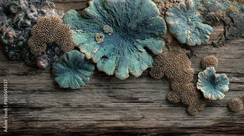 Colorful fungi on weathered wood