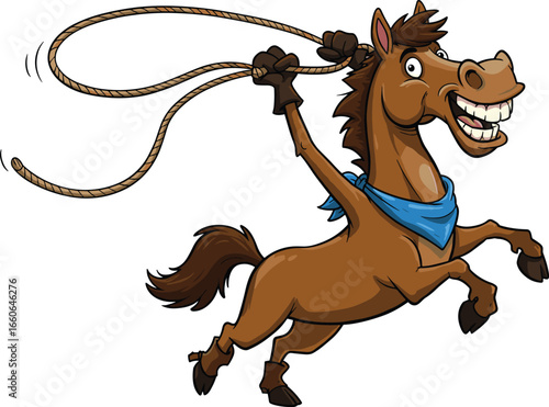 Funny cartoon cowboy horse with rope, wild west animal character, happy horse illustration, rodeo mascot vector, western themed design