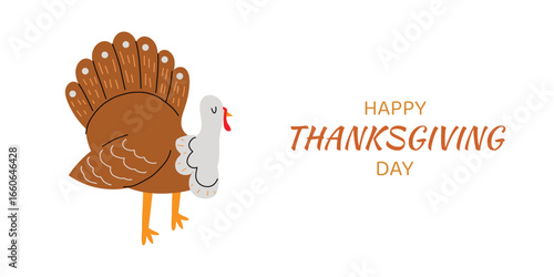 Cute Thanksgiving card with turkey and festive lettering. Happy autumn holiday design with warm fall colors. Flat vector illustration isolated on white background.