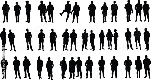 Group of people silhouettes, standing together, casual pose, friends, social gathering, street style, men and women, vector illustration