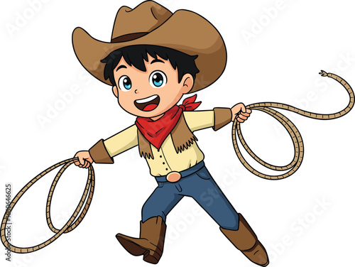 Happy cartoon cowboy boy with hat, boots, and rope, western costume character, children’s wild west outfit, vector illustration